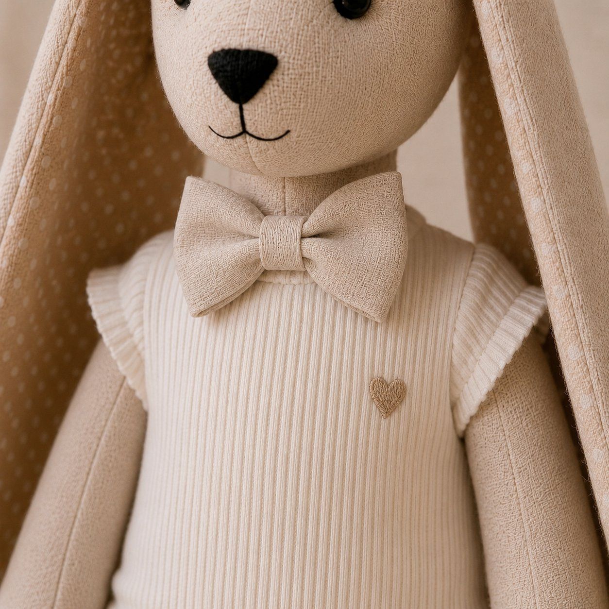 Close-up of a bunny's bow-tie and embroidered heart