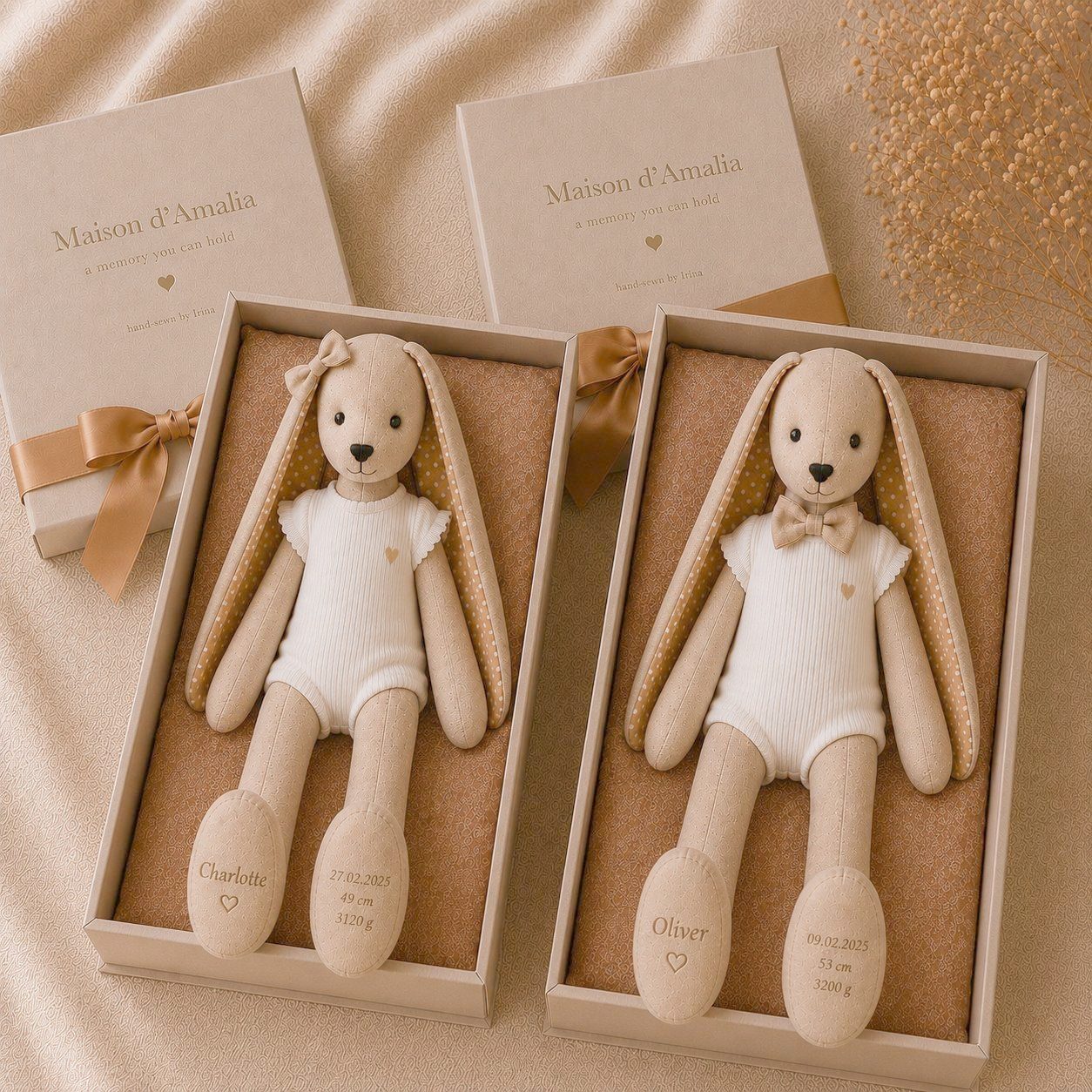 Charlotte and Oliver bunnies, each in their own Maison d'Amalia keepsake box