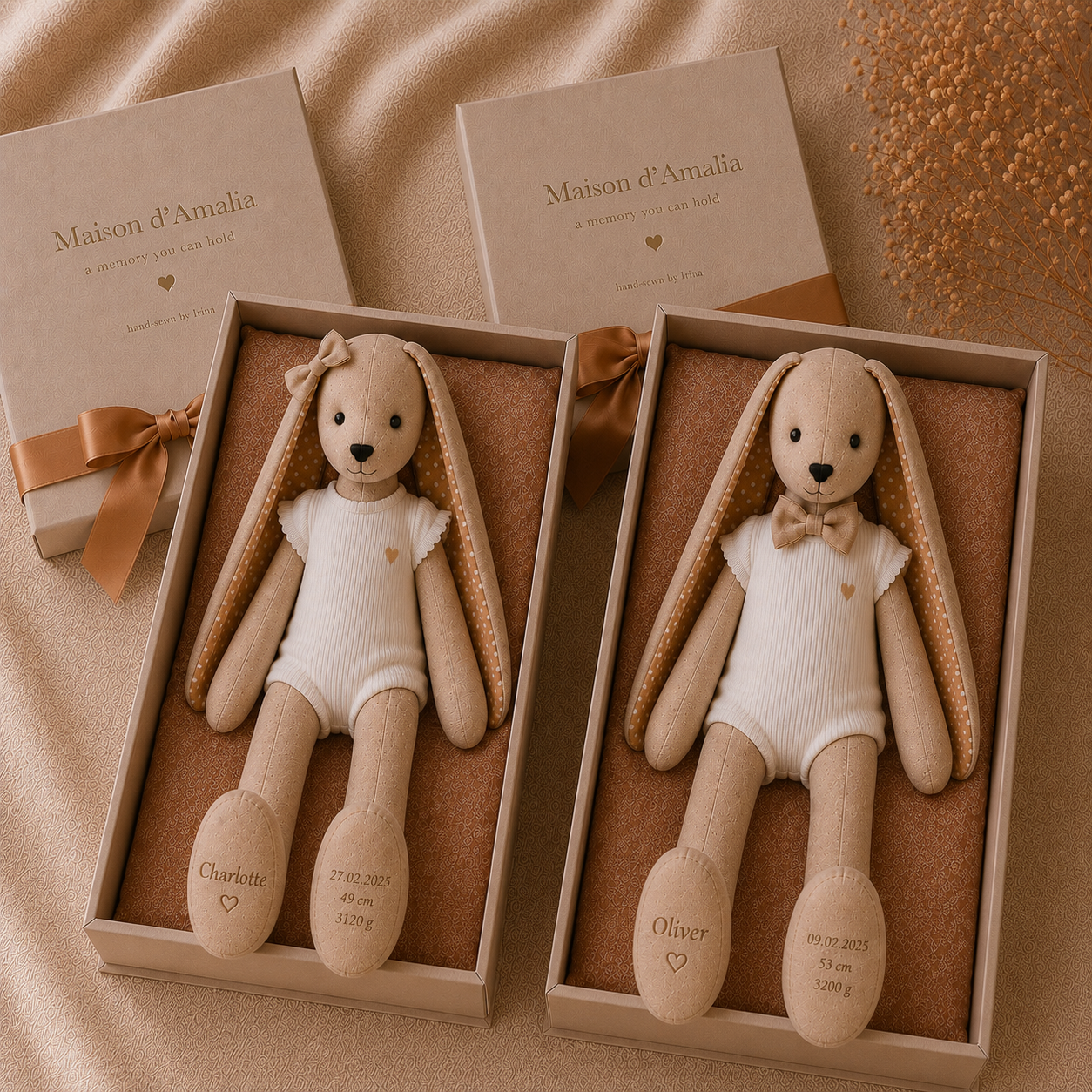 Charlotte and Oliver bunnies, each in their own Maison d'Amalia keepsake box