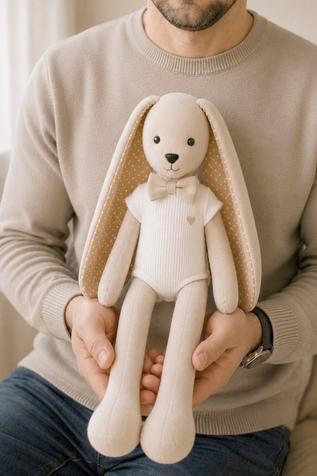 A father holding a bunny against his chest