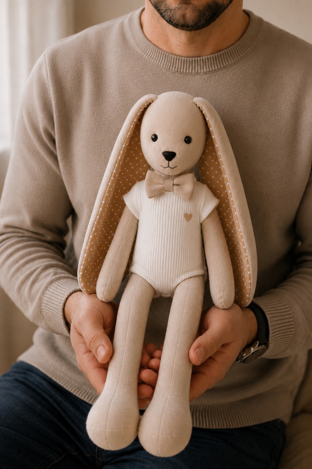 A father holding a bunny against his chest