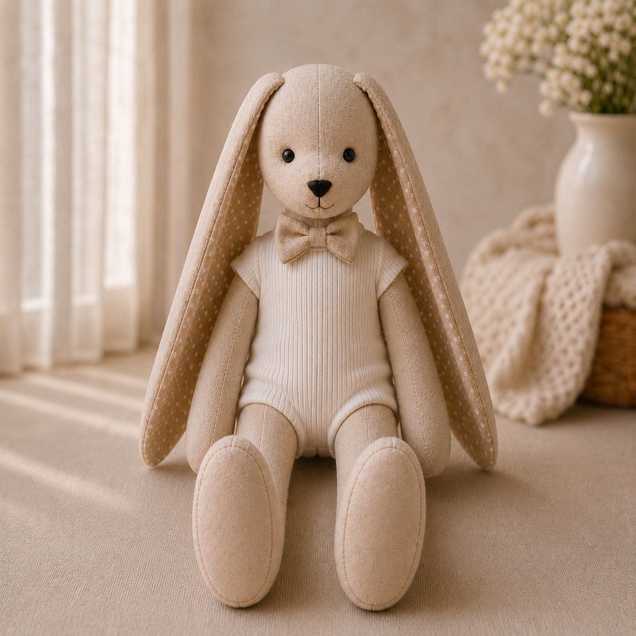 Baby boy bunny seated in a cream bodysuit and bow-tie