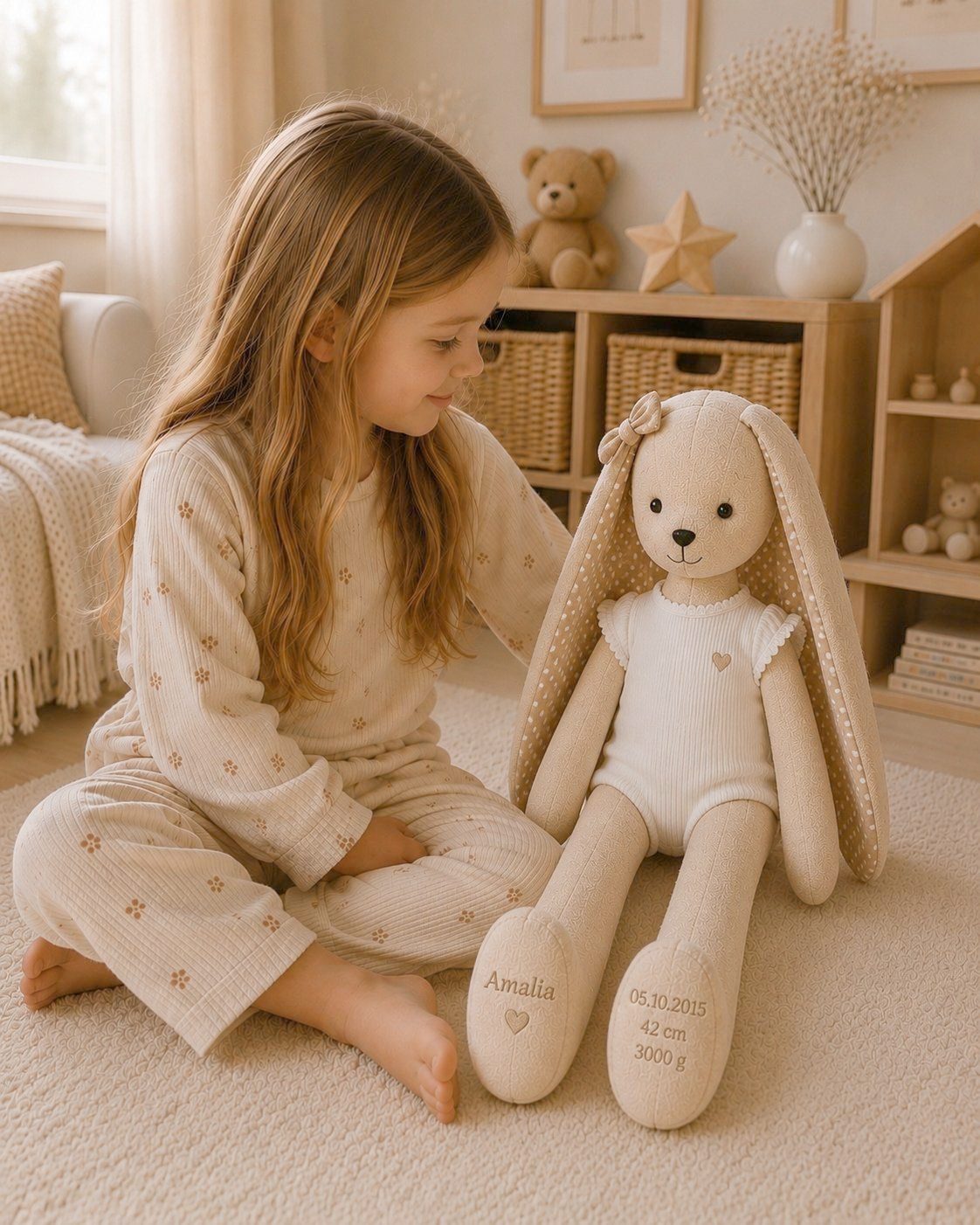 A child playing with a bunny at home