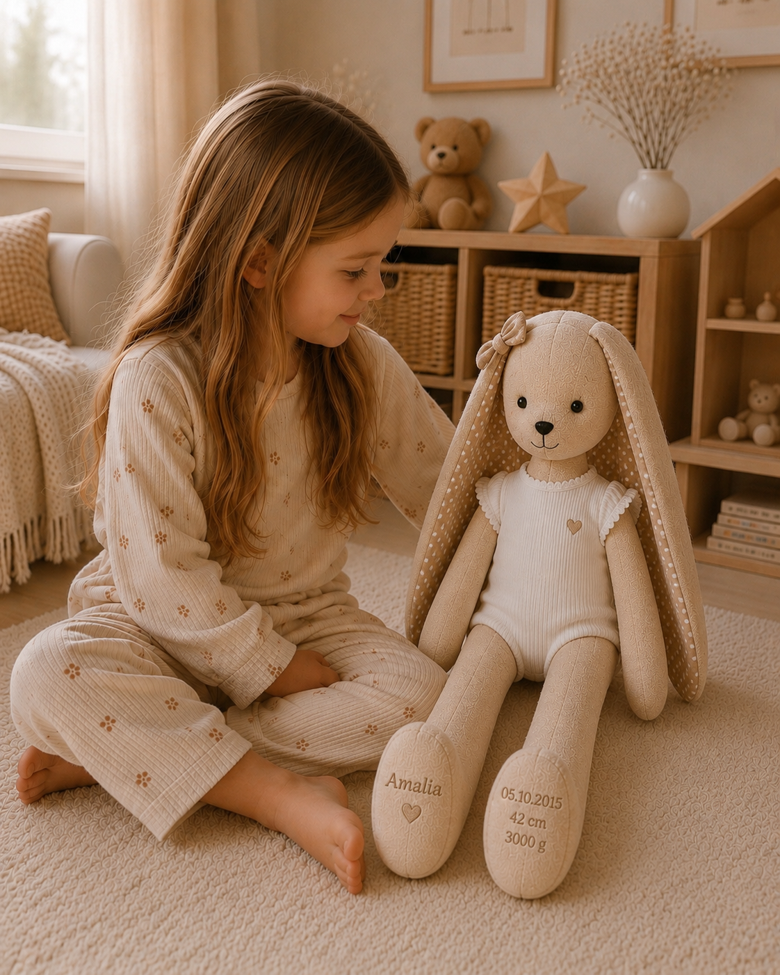 A child playing with a bunny at home