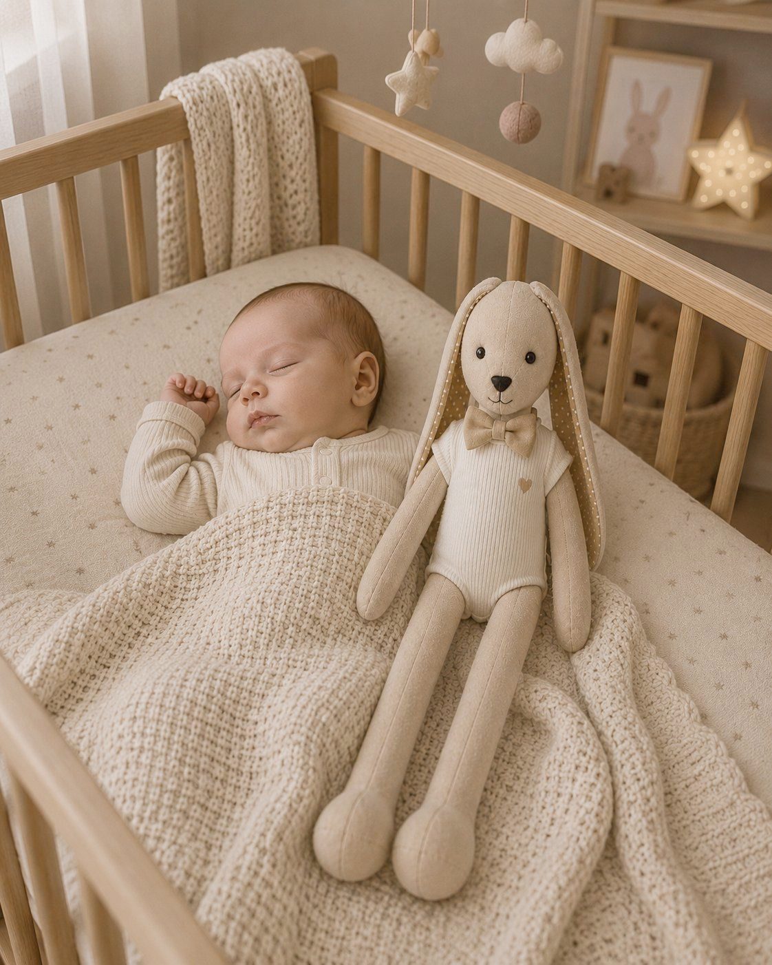 A sleeping baby beside a bunny in a crib