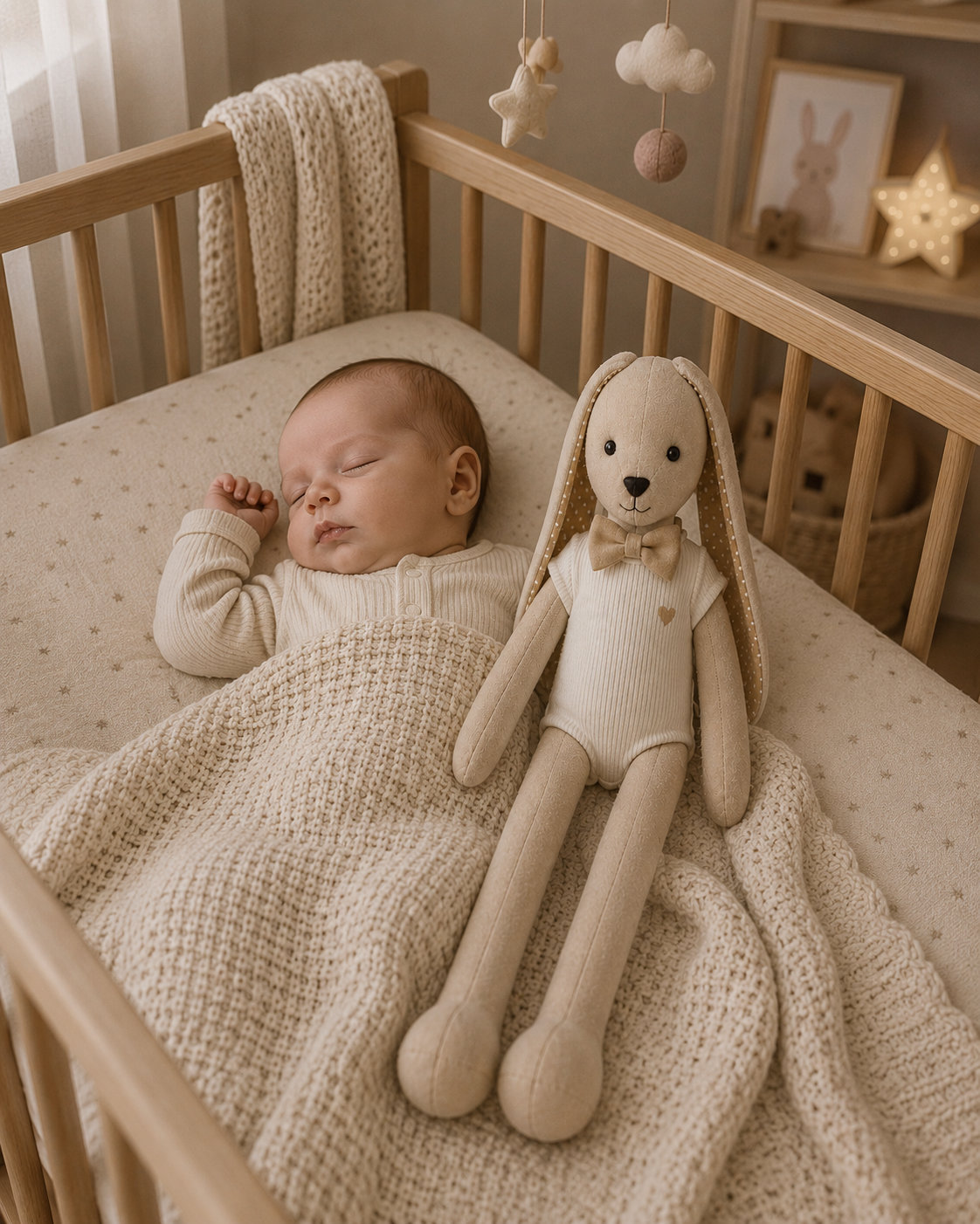 A sleeping baby beside a bunny in a crib