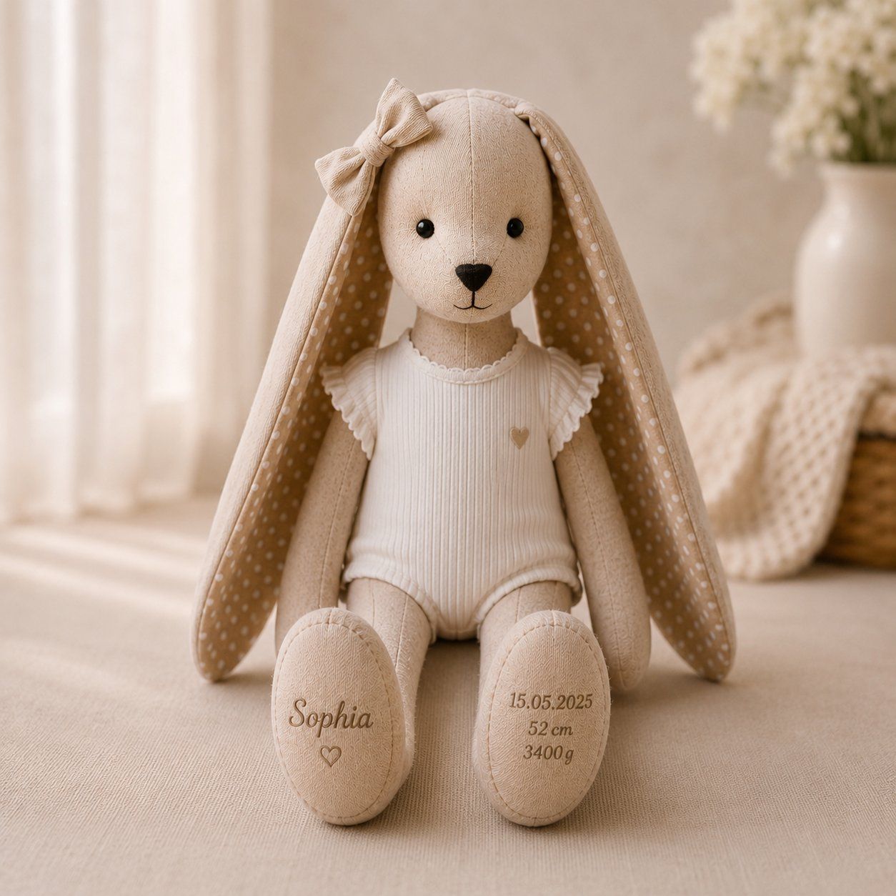 Baby girl bunny seated, name and birth details on the feet