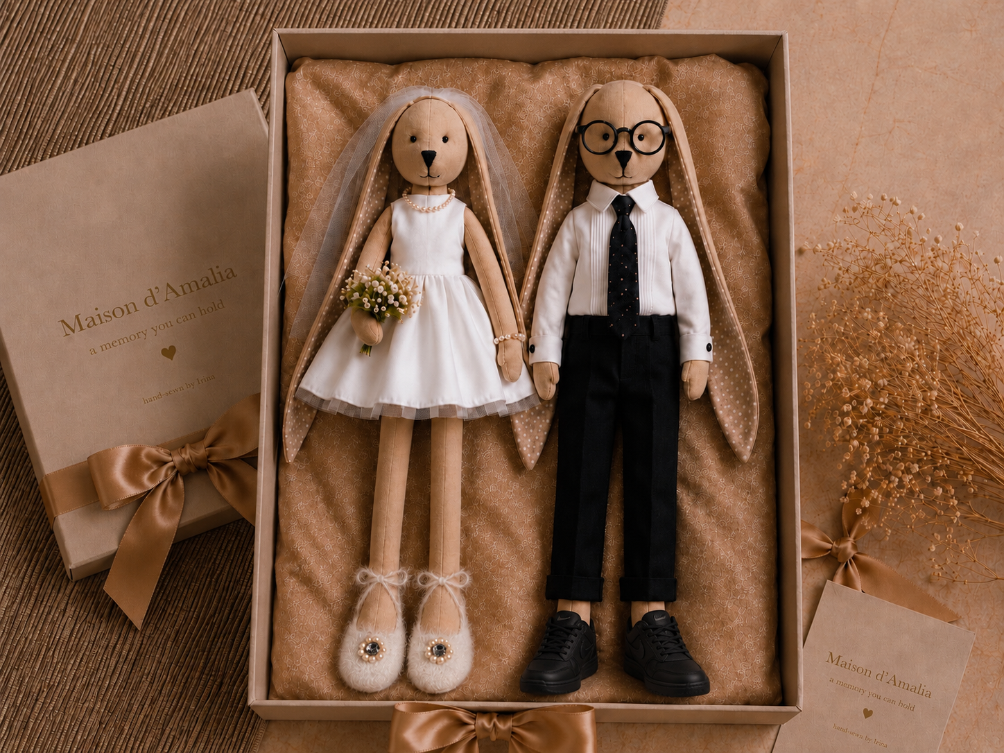 The wedding pair nestled in an open keepsake box