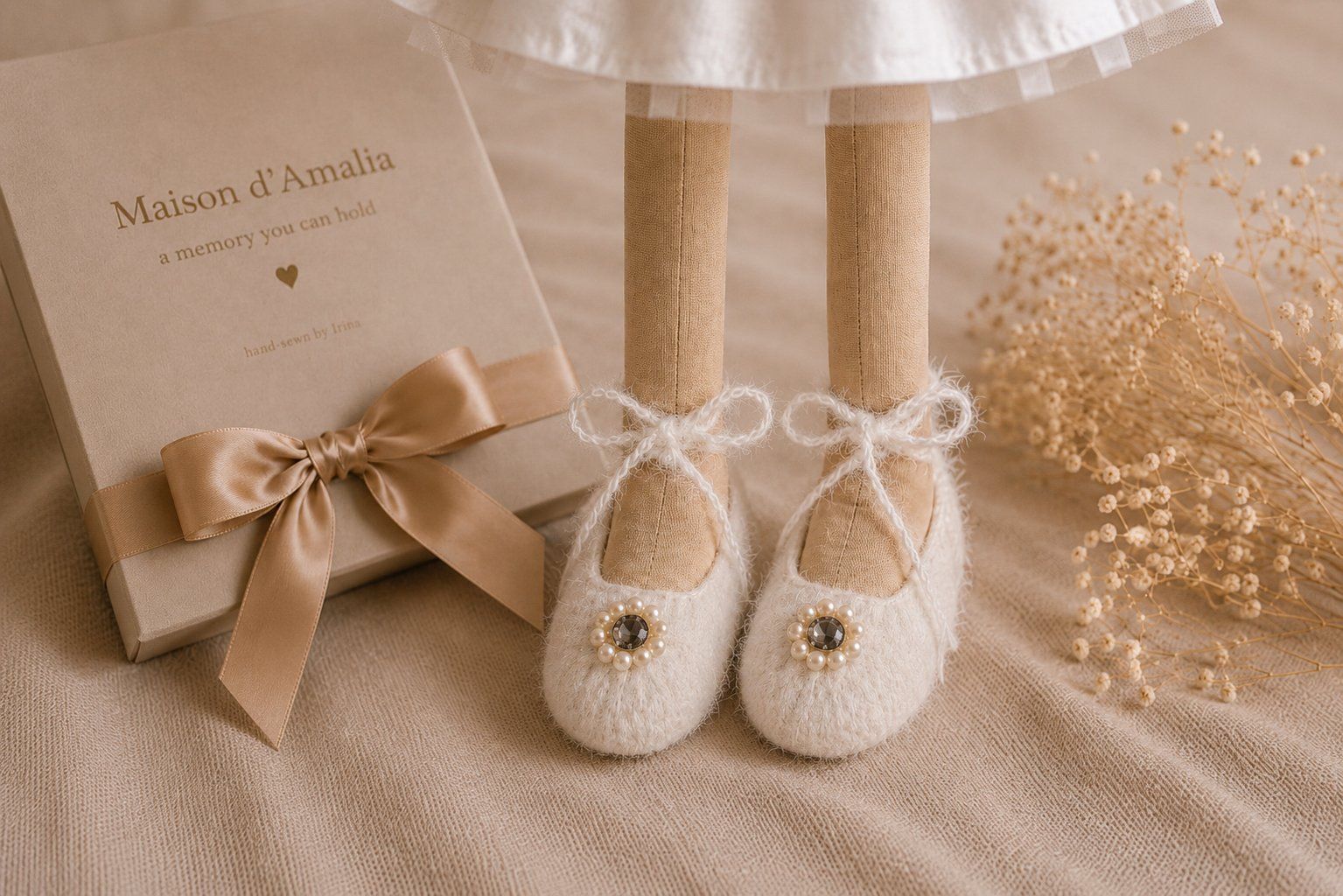 Detail of the bride's shoes beside the keepsake box