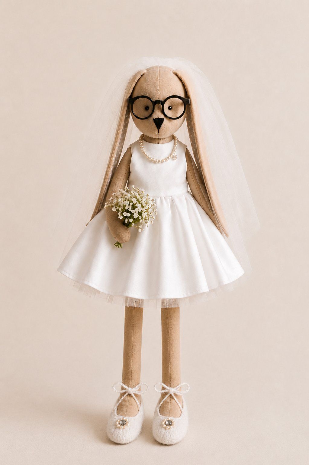 Bride bunny in white dress, veil and pearls holding baby's breath