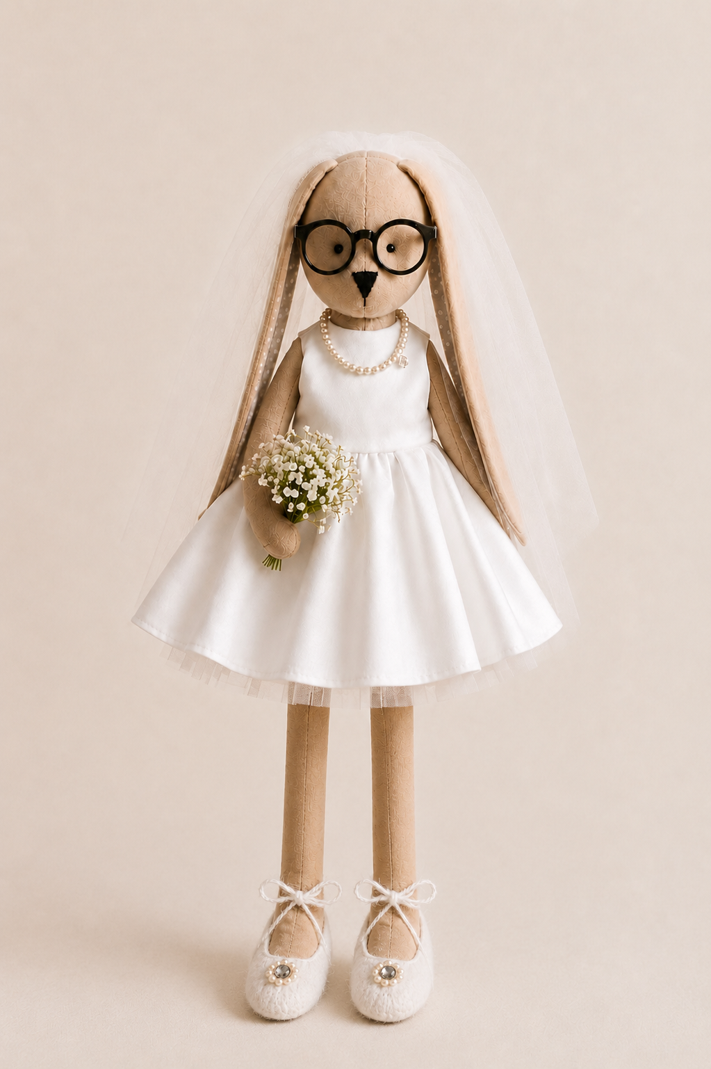 Bride bunny in white dress, veil and pearls holding baby's breath