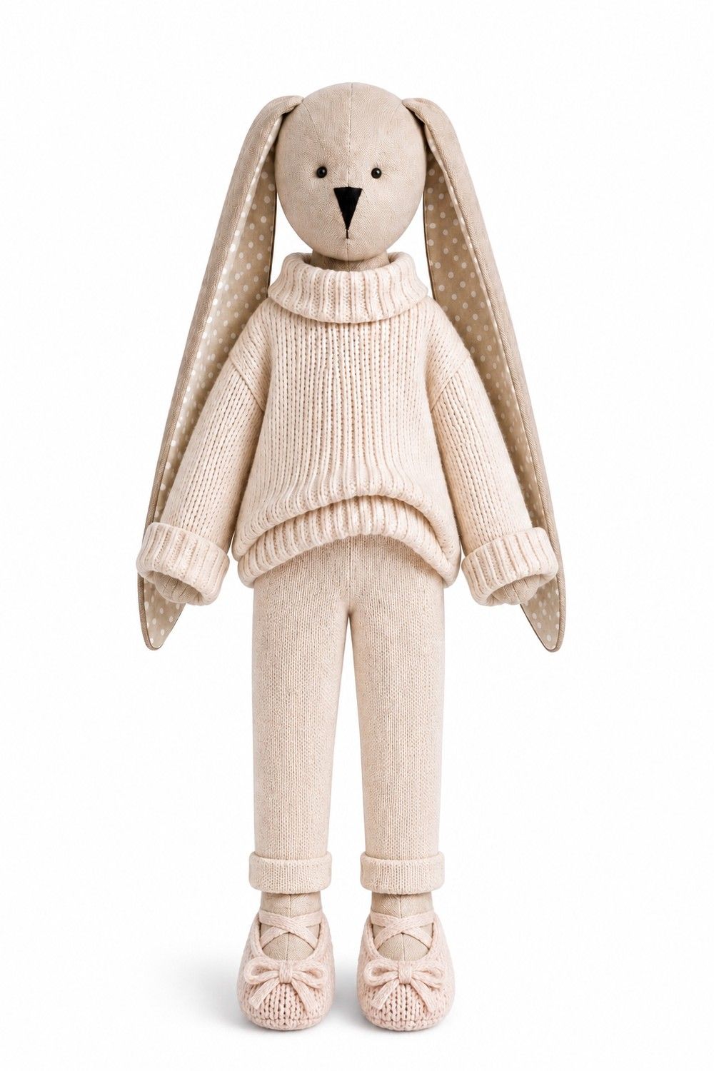 Bunny dressed in a cream sweater, knit pants and bow flats