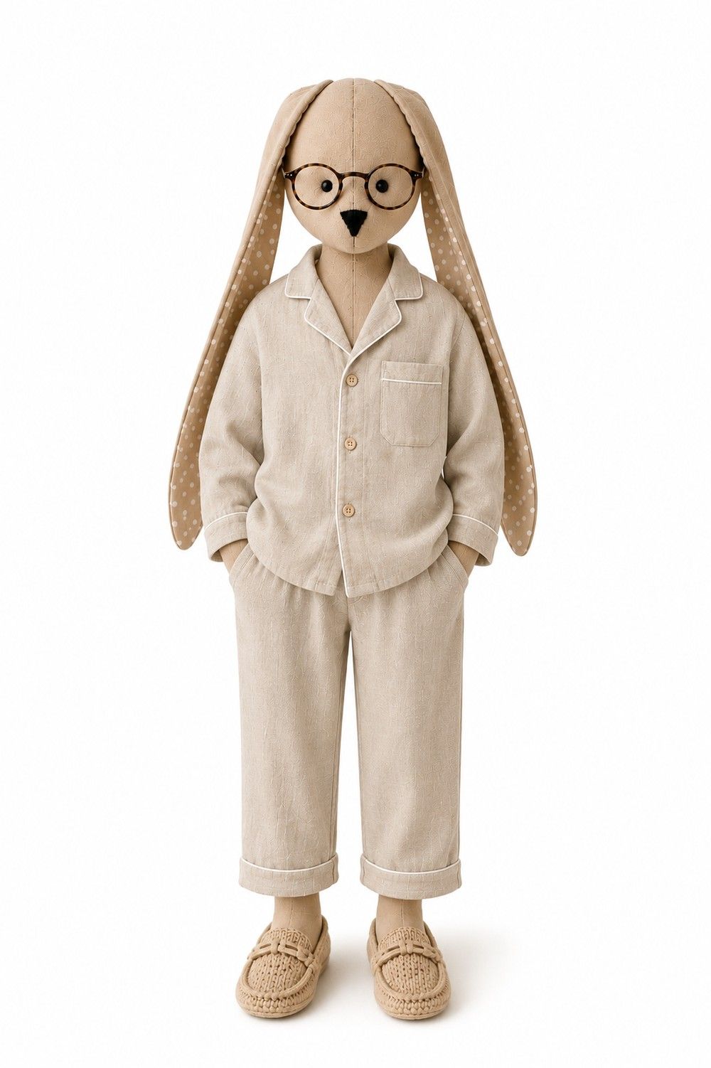 Bunny dressed in a linen pajama set, wearing glasses