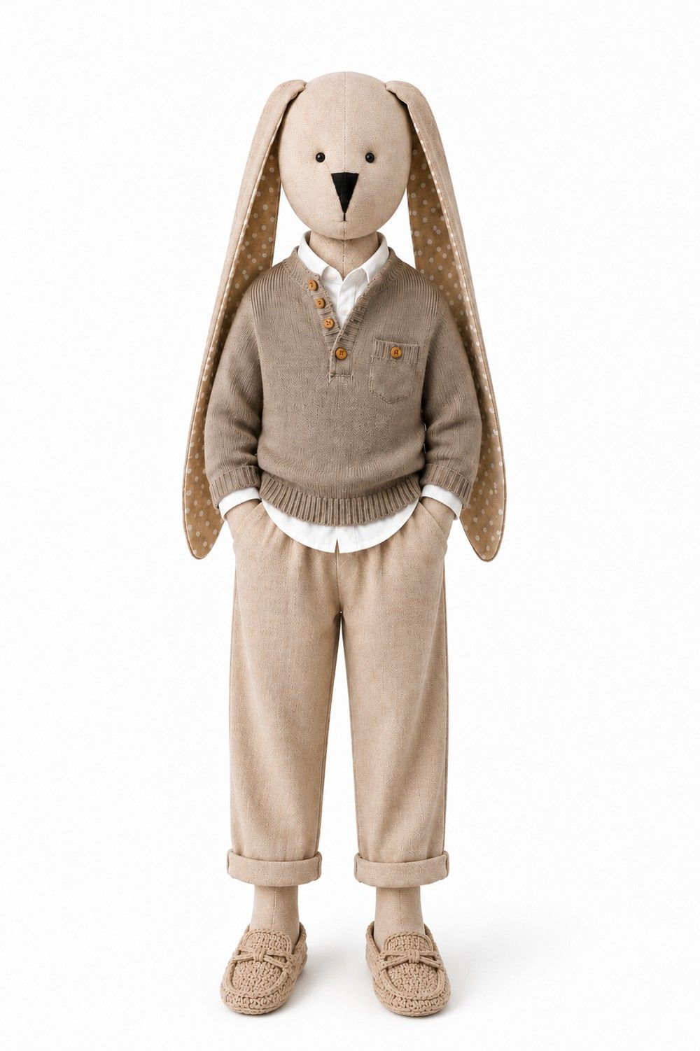 Bunny dressed in a brown knit sweater, white shirt and tan pants