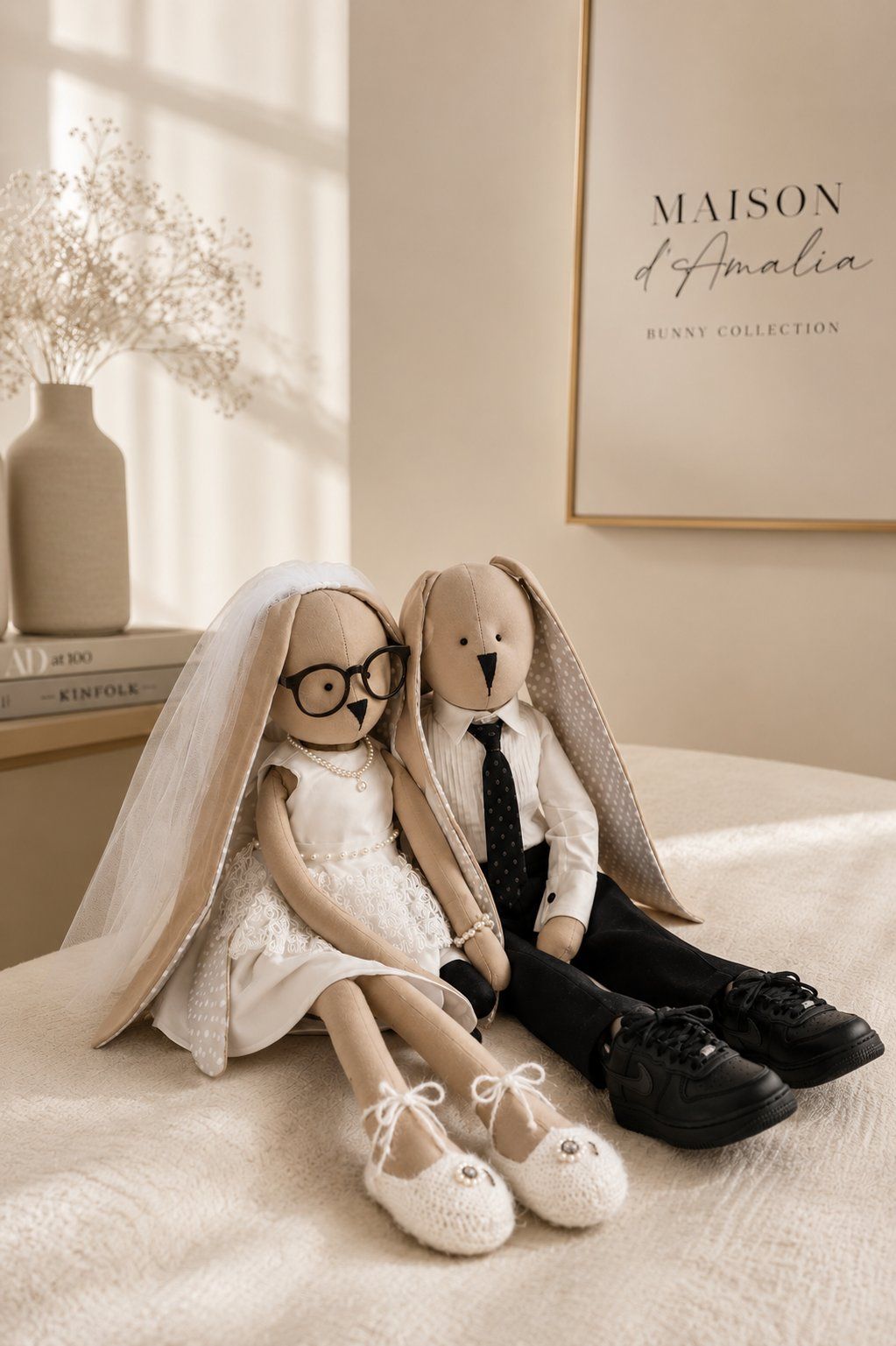 Wedding bunny couple beside a framed Maison d'Amalia Bunny Collection print