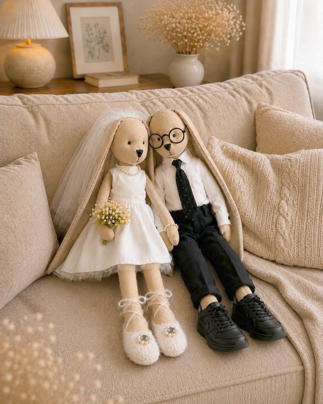 The bunny couple at home on a sofa