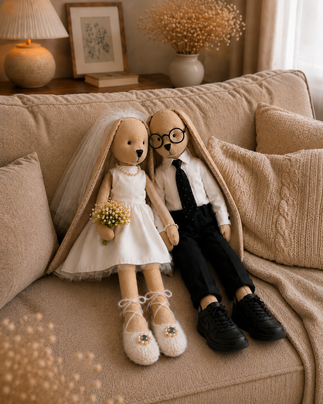 Wedding bunny couple sitting on a knit sofa at home