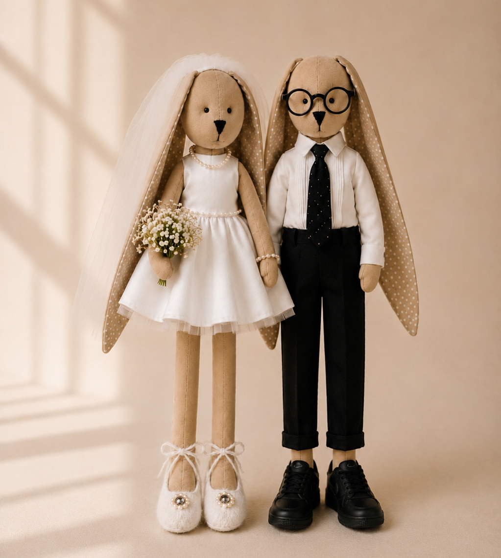 Wedding bunny couple standing together — bride in a white dress and veil, groom in a shirt and tie
