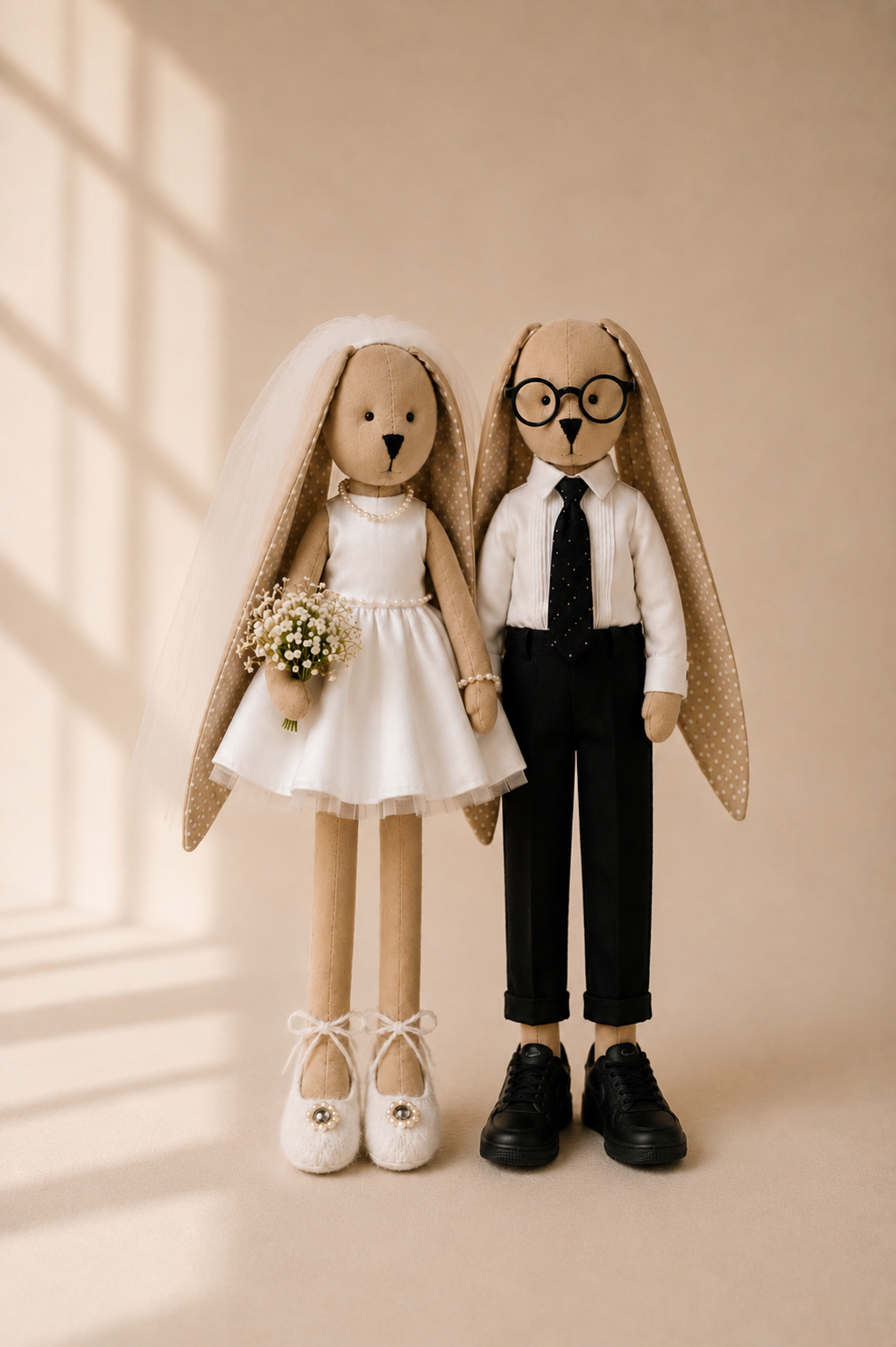 Bride and groom bunnies standing side by side