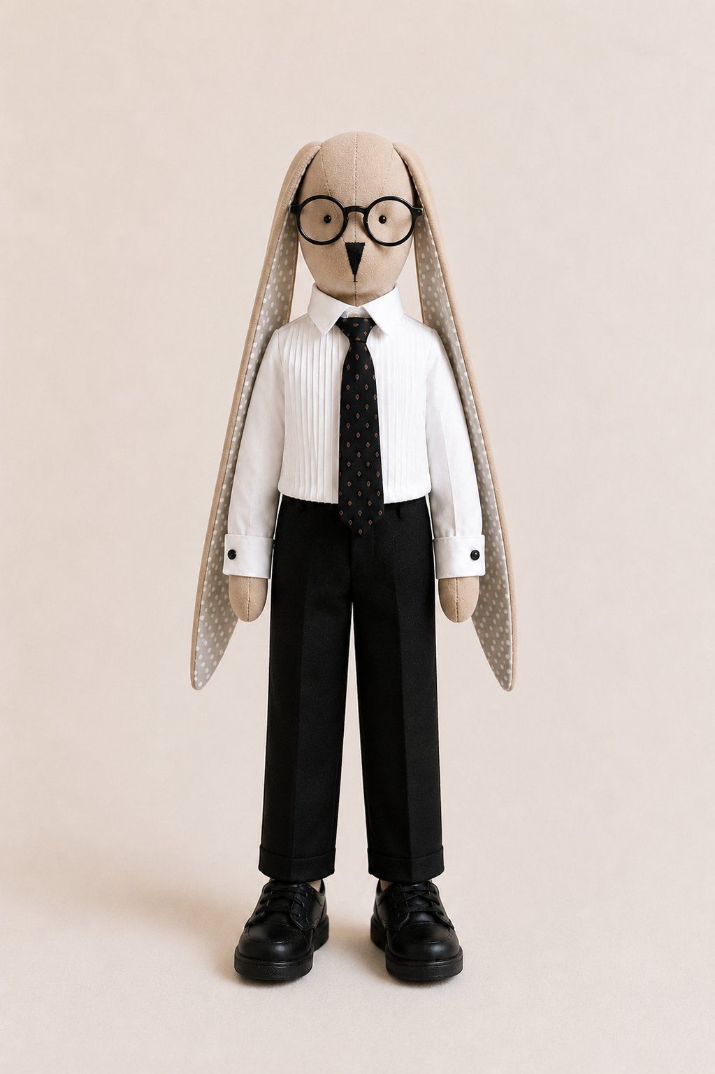 Groom bunny in a pleated shirt, tie and black sneakers