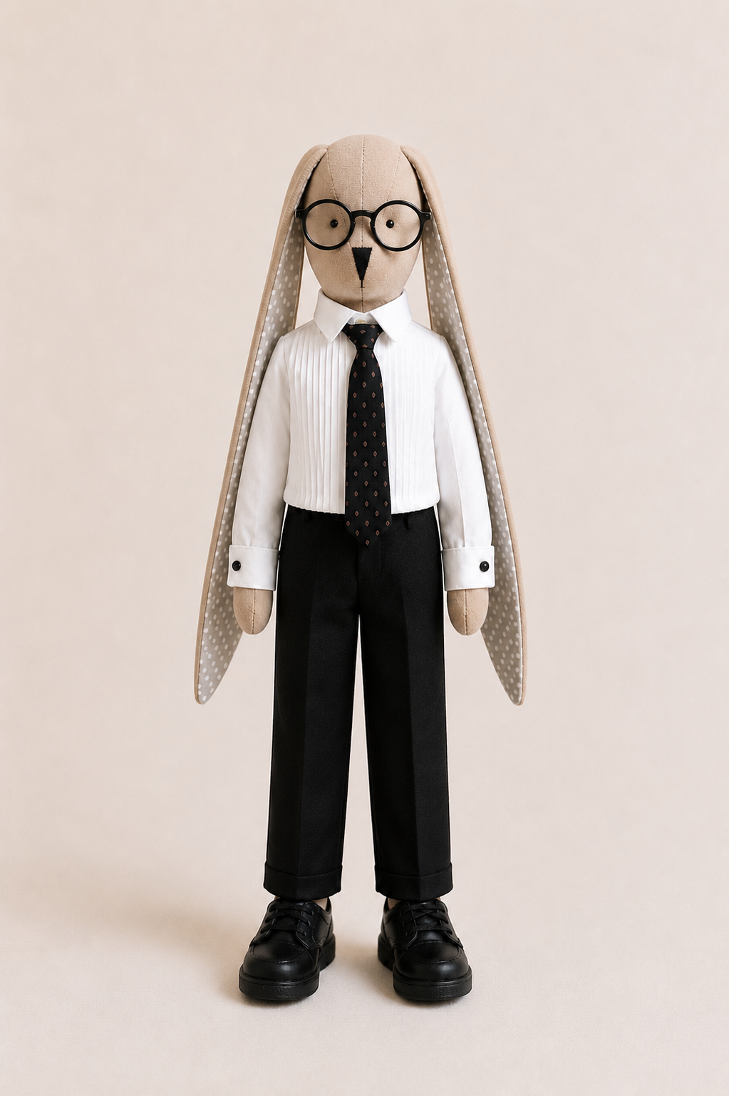 Groom bunny in a pleated shirt, tie and black sneakers