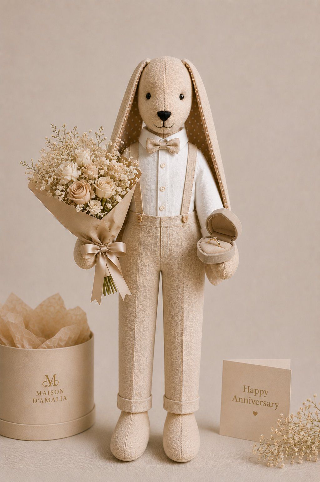 Anniversary bunny with a bouquet of roses and a ring box