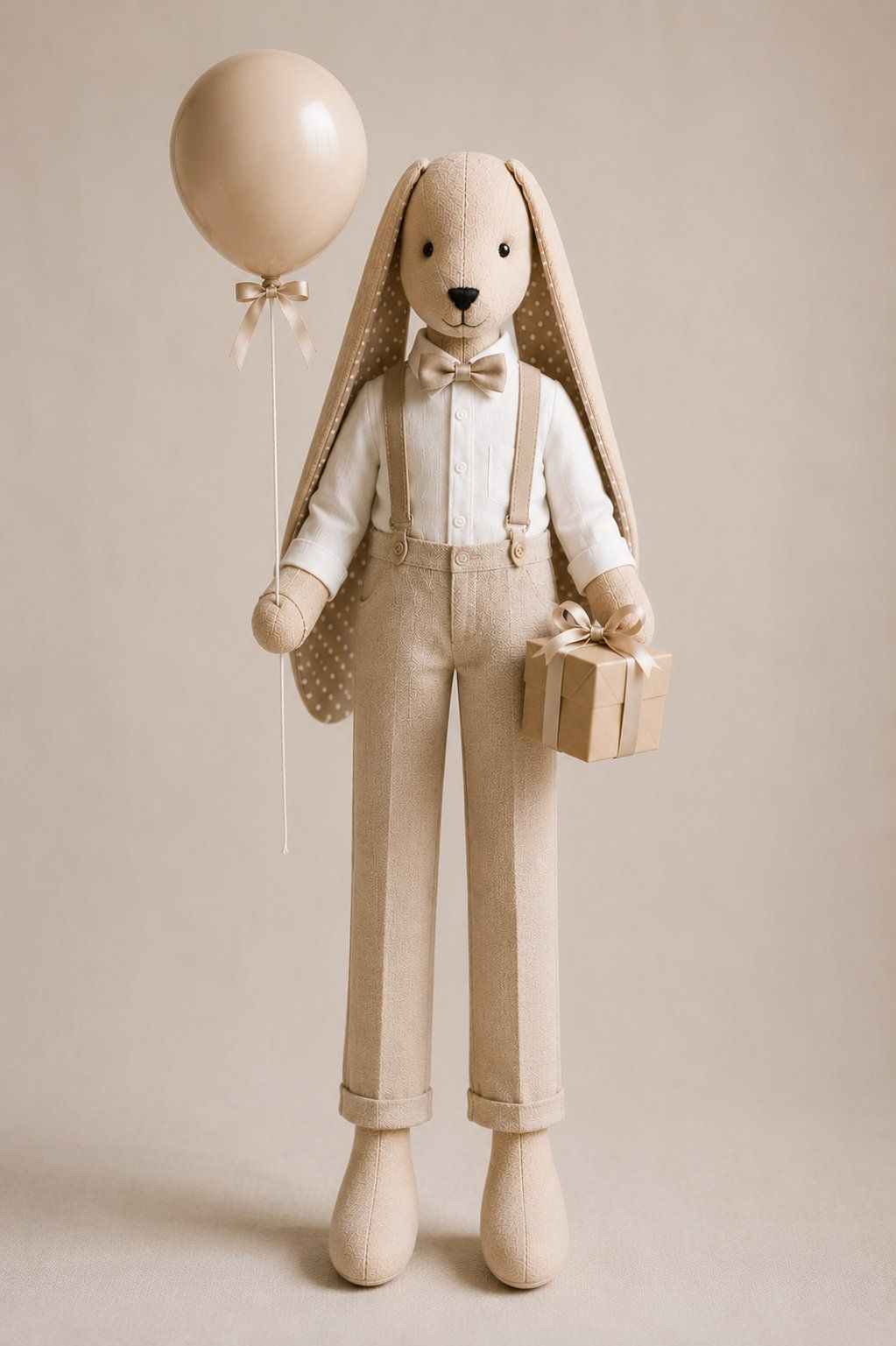 Birthday bunny (boy) with suspenders, a balloon and a gift box