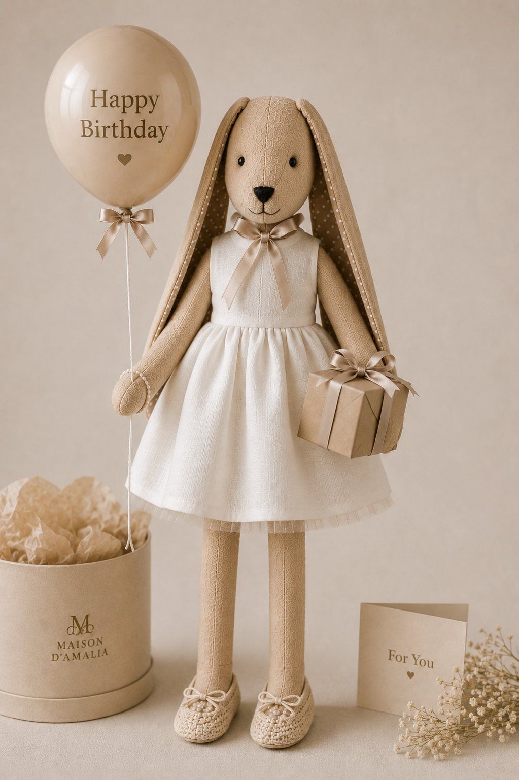 Birthday bunny in a white dress, holding a Happy Birthday balloon