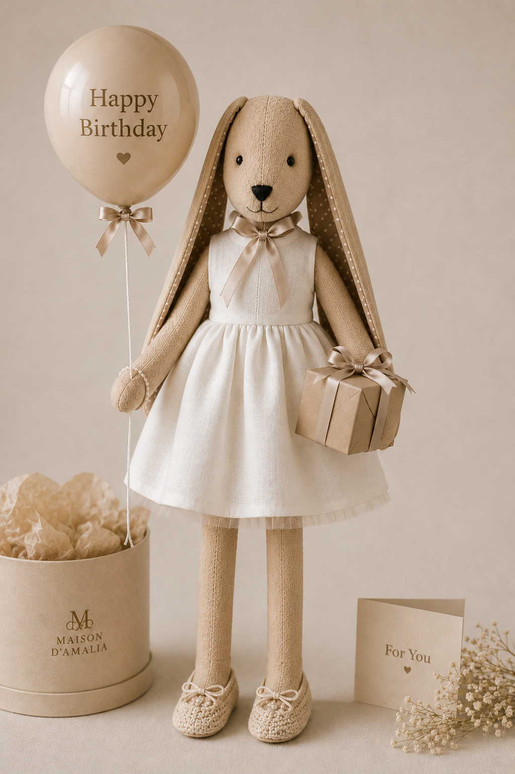 Birthday bunny in a white dress, holding a Happy Birthday balloon