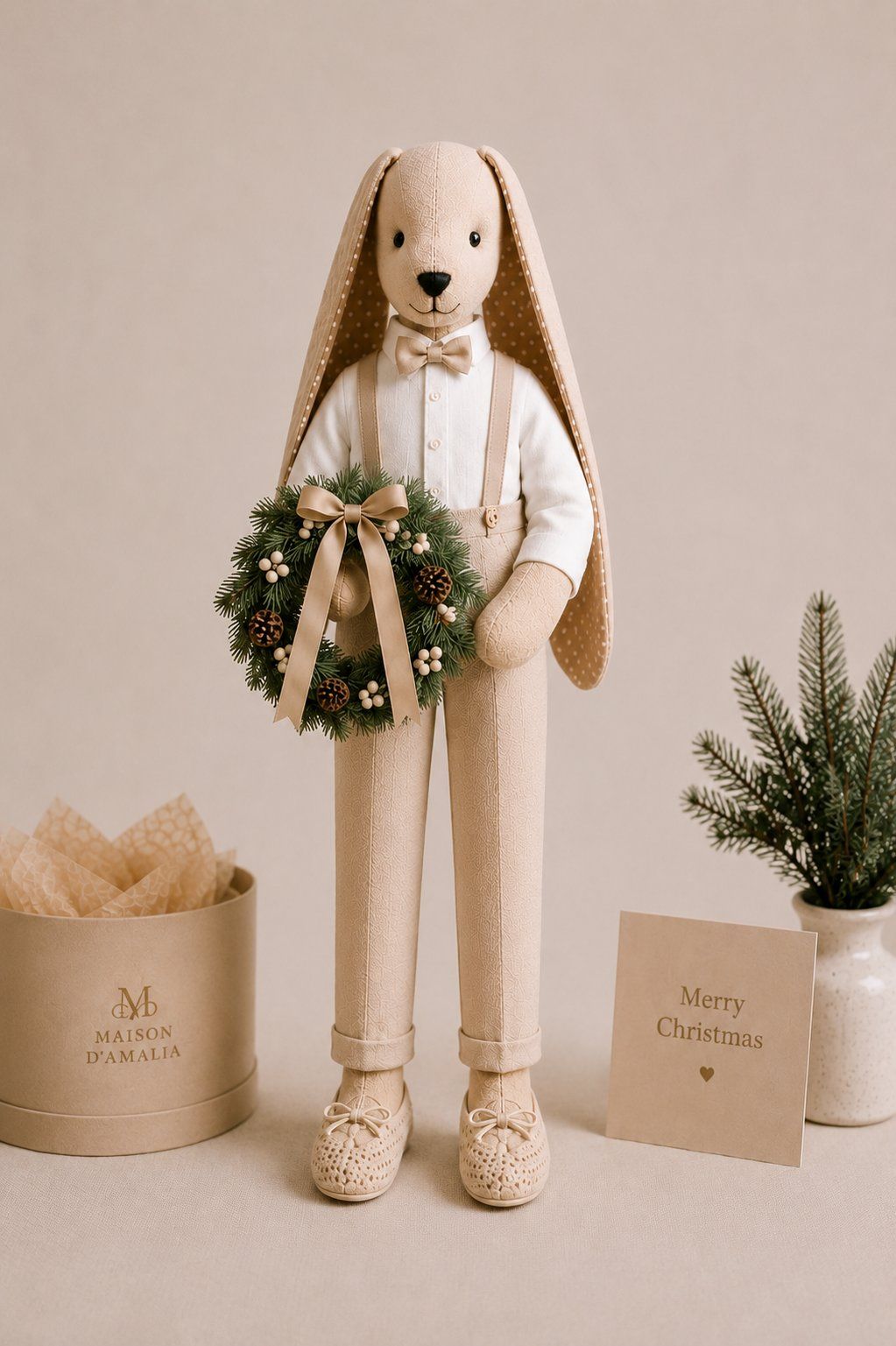 Christmas bunny in suspenders, holding a holiday wreath