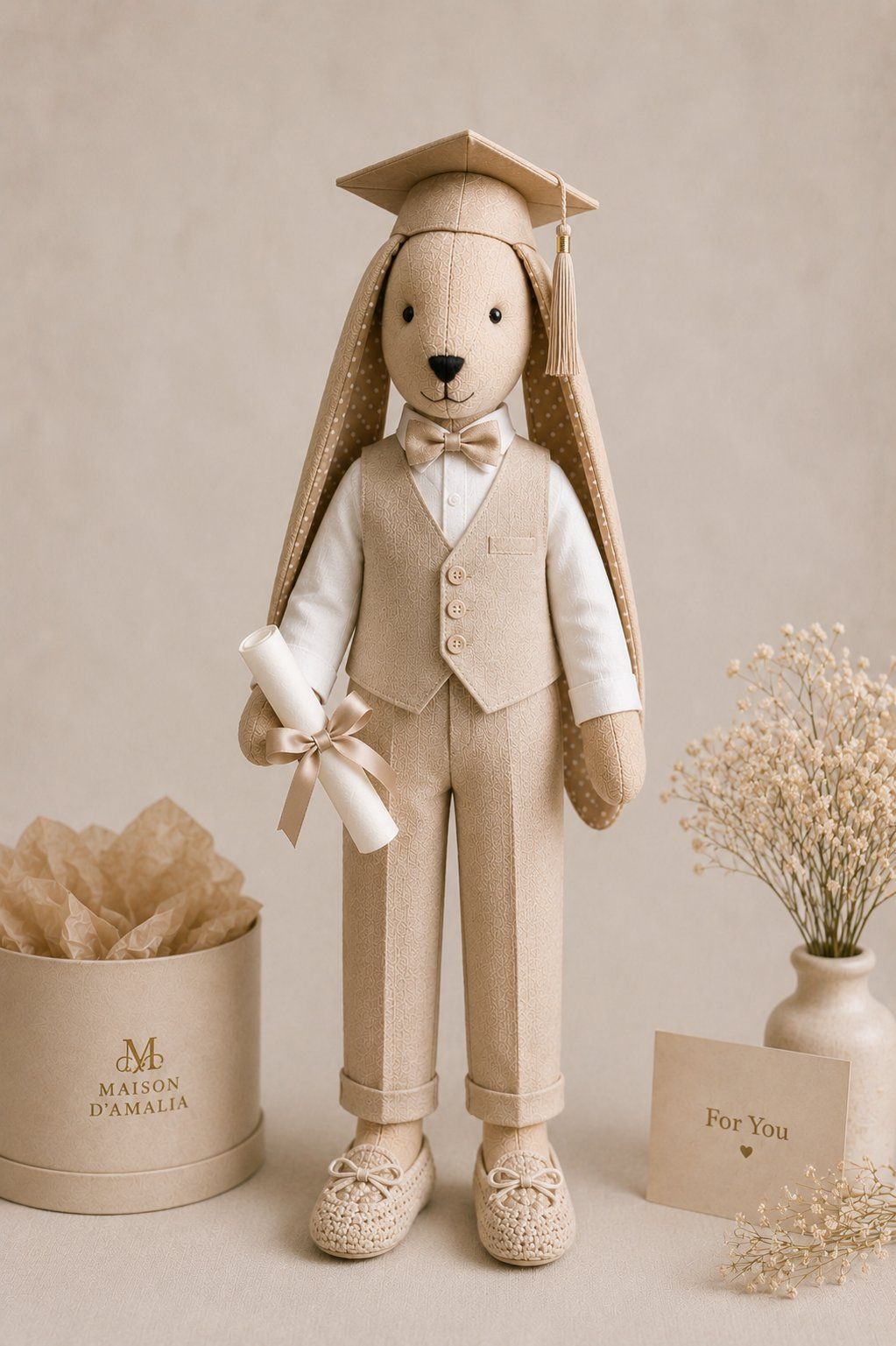 Graduation bunny (boy) in a cap and vest, holding a diploma