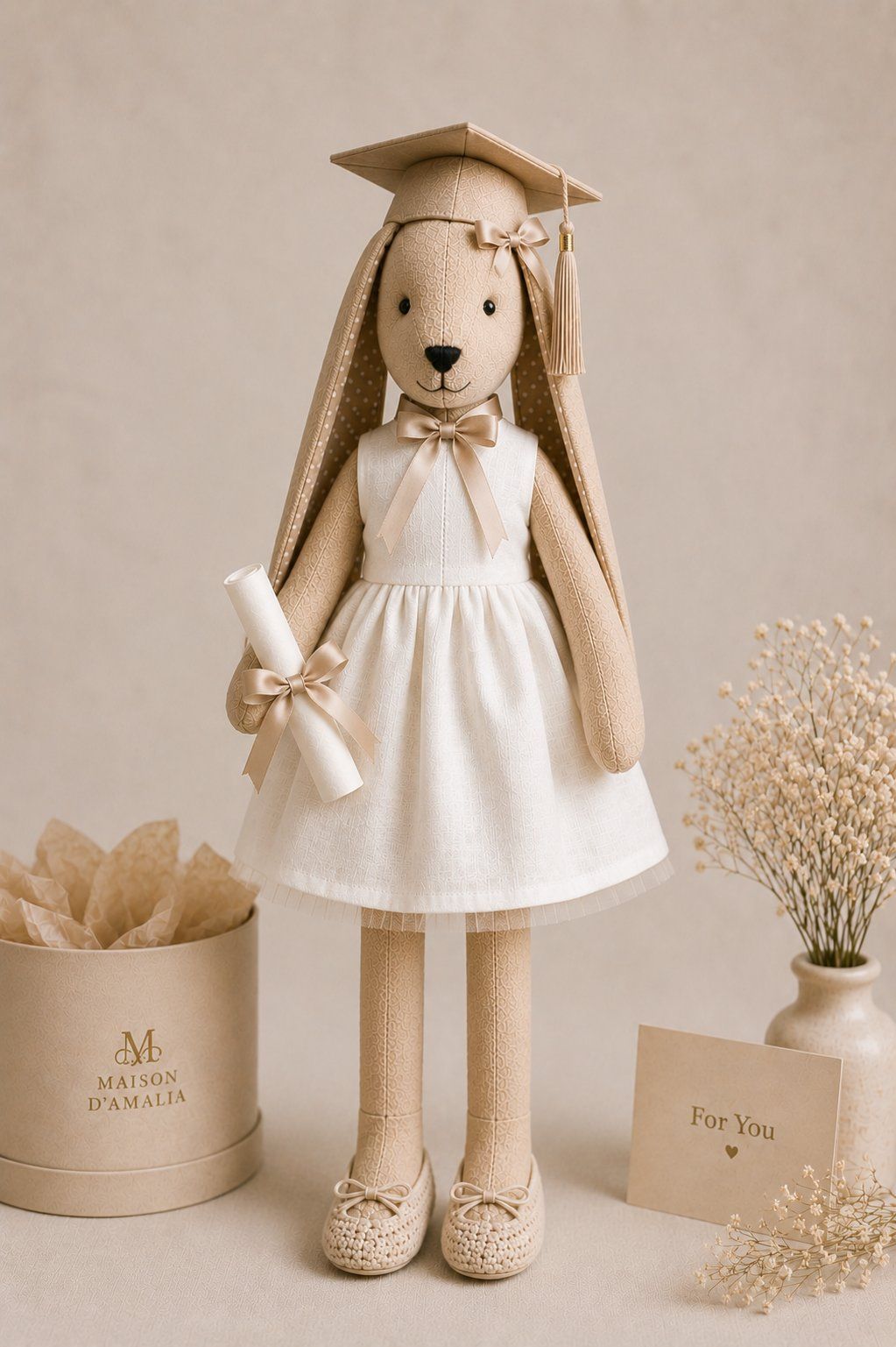 Graduation bunny (girl) in a white dress and cap, holding a diploma