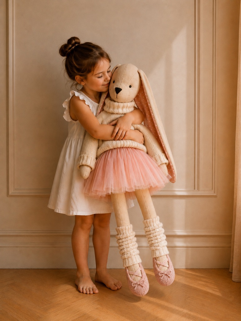 A child hugging a Large Maison d'Amalia bunny, showing how tall it stands beside her