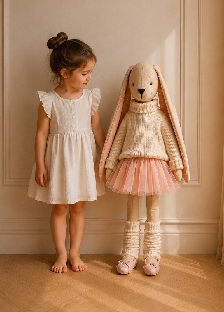 A Large Maison d'Amalia bunny standing beside a child, showing its height
